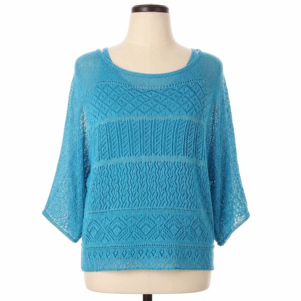 Curio Womens Turquoise Blue Open Knit Crochet Pullover Sweater Top Size‎ L